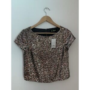 NWT Sam Edelman Sequin Top Sz S Copper/Silver Short Sleeve Boat Neck Crop Zipper